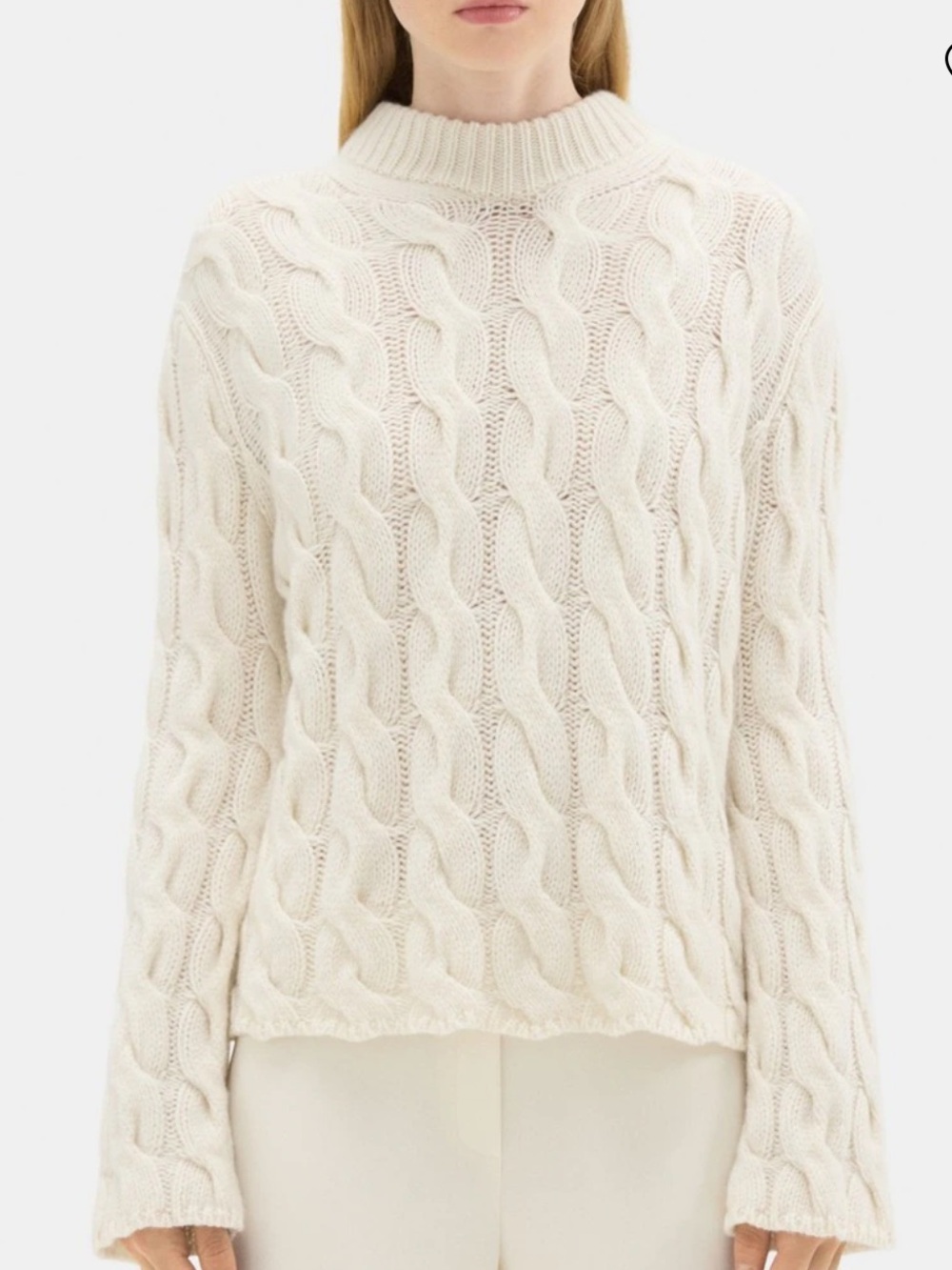 Theory Cable Knit Mock Neck Wool Cashmere Blend Sweater Ivory Size MED Fisherman